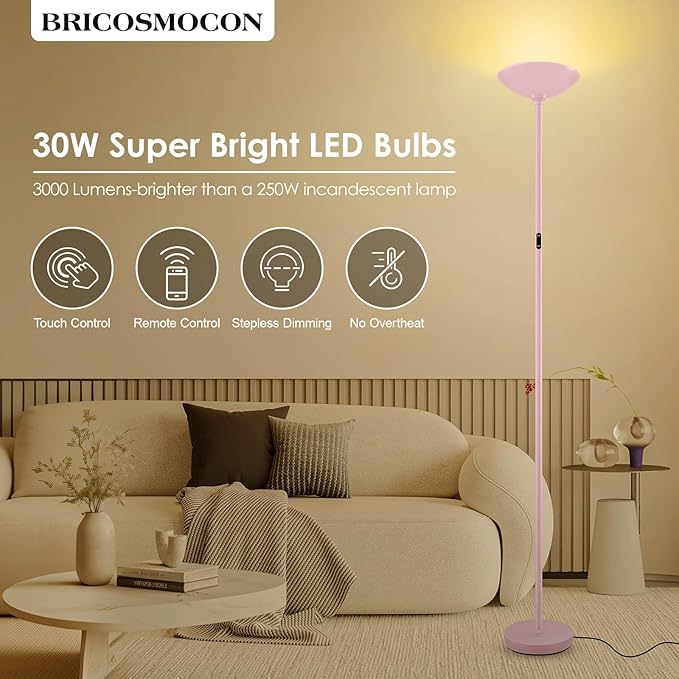 Stepless Dimmable Floor Lamp,30W 3000LM Super Bright LED Torchiere Floor Lamps with Remote & Touch Control,71 in Tall Modern Standing Lamp for Living Room Bedroom Office,2700k-6500k,Pink