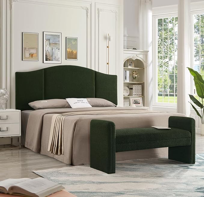 24KF Middle Century Upholstered Foldable King Headboard - Modern Boucle Teddy Fabric - Dark Green