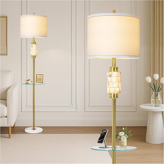 Gold Floor Lamp for Living Room with Glass Tray and Night Light,Alabaster Tall Lamp,Living Room Lamp with Linen Shade,Marble Base Standing Lamp Decor for Bedroom,Office(Bulb Included)