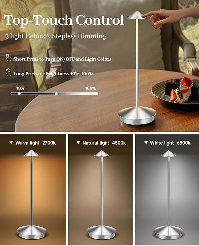 Portable Led Cordless Lamp Table Light 2 Pack, Rechargeable 6000mAh Battery Outdoor Table Lamp for Dinning Restaurant Patio Bedroom Camping, IP54 Waterproof, Dimmable