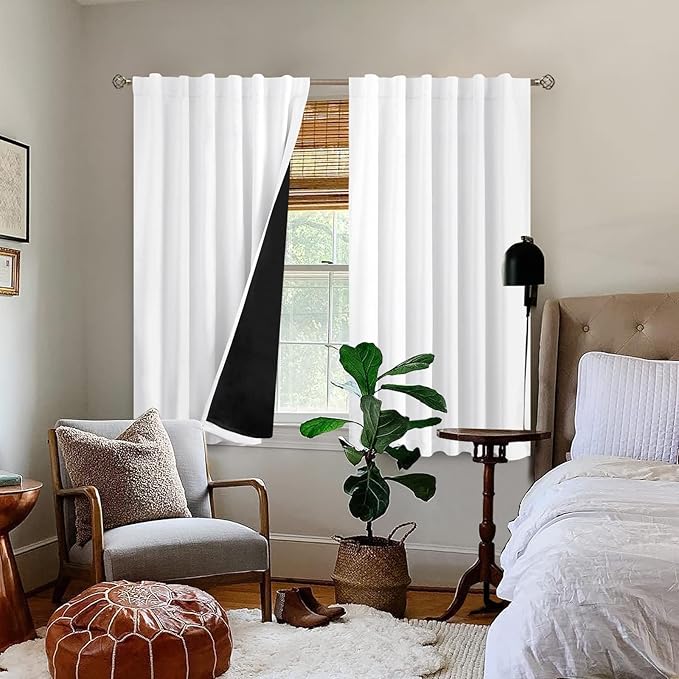 BGment 100% White Blackout Curtains 45 Inch Length for Small Windows, Rod Pocket and Back Tab Double Layer Full Room Darkening Theraml Curtains for Bedroom, 2 Panels, 52 x 45 Inch, Pure White