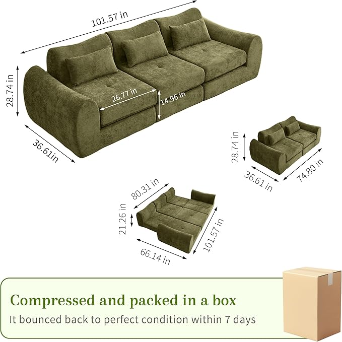 MAXMAXX 102" Modular Sectional Cloud Sofa,4-in-1 Folding Convertible Sofa Bed, Floor Boneless Couch, Modular Cushion Couch,Suitable for Living Room,Bedroom and Recreation Room (Green)