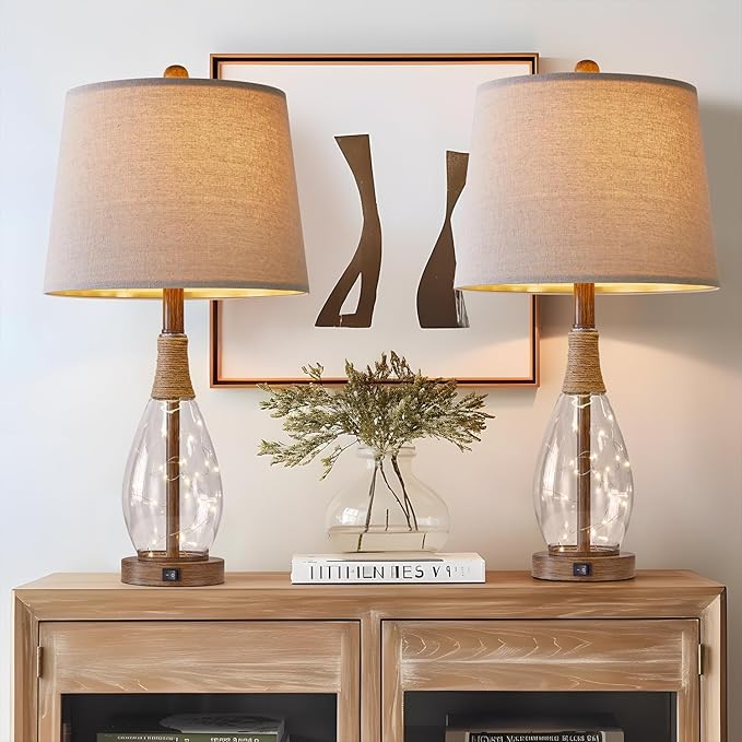 OYEARS Table Lamp Sets of 2,Lamps for Living Room,Bedside Lamps with USB A+C and Nightlight,Retro Farmhouse Rattan Glass,for Bedroom Living Room Bedroom,Two Light Points,23"