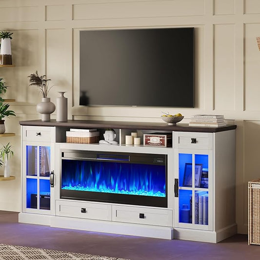 AMERLIFE 70“ Fireplace TV Stand for 80 Inch TV, Farmhouse TV Stand with 42" Fireplace & LED Lights, Entertainment Center with Storage Drawers & Cabinets, Antique White