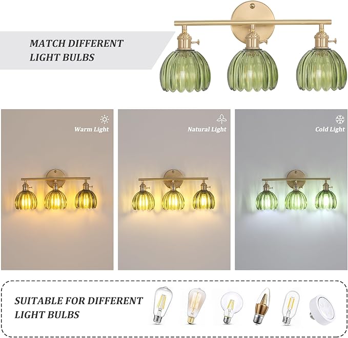 Bathroom Light Fixtures, 3-Light Brass Vanity Wall Light Over Mirror with Green Tulip Glass Shade for Bedroom Living Room