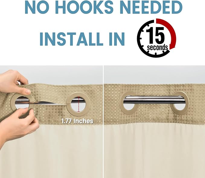 Beige Long No Hook Shower Curtain with Snap in Liner,230GSM Waffle Weave Shower Curtains for Bathroom,71W x 86H