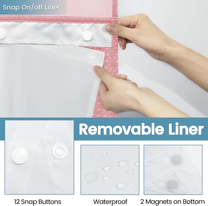 Pink Shower Curtain with Liner - 230GSM Waffle Textured Heavy Duty Shower Curtains for Bathroom,71W x 74H