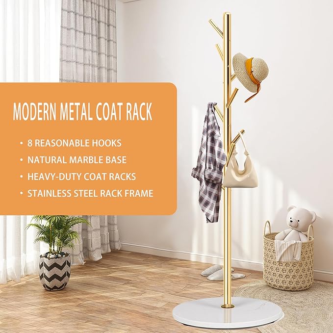 Coat Rack Stand with Natural Marble Base, Metal Freestanding Coat Rack, Modern Golden Coat Racks with 8 Hooks, Golden Standing Coat Hall Tree Hanger Stand for Scarf, Bag, Jacket