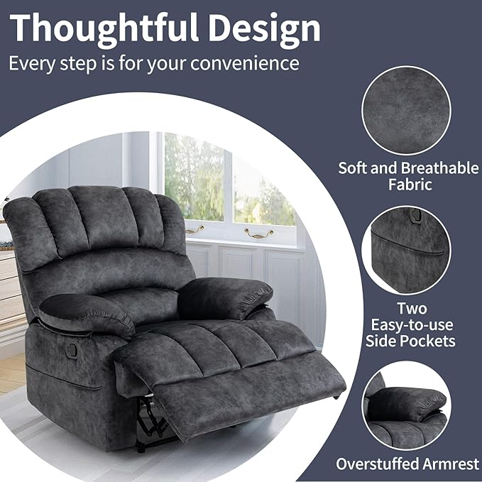 Large Recliner, 23" Wide Seat, A Recliner with Three Position, Recliner Chair Oversized with Two Side Pockets, Dark Gray