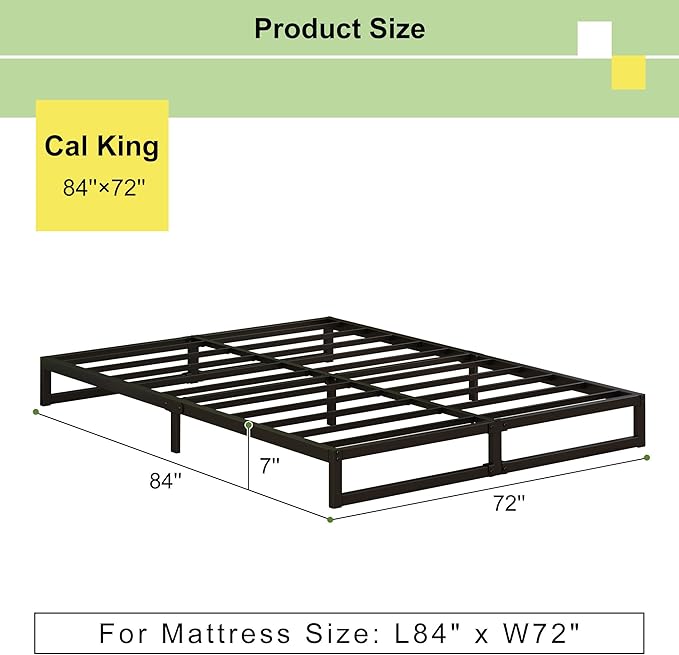 EMODA 7 Inch California King Bed Frames Heavy Duty Metal Cal King Platform with Steel Slats Support, No Box Spring Needed, Noise Free, Black