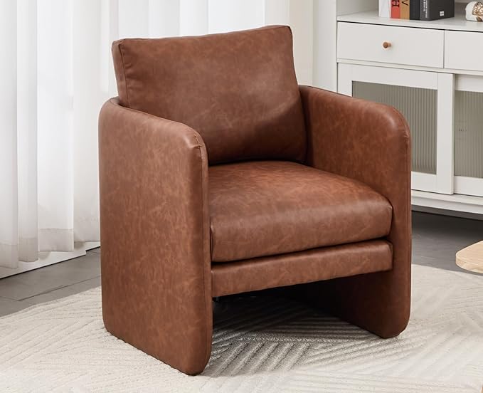 EALSON Comfy Accent Chair Modern Leather Living Room Chair with Arm Mid Century Reading Lounge Chair for Adults Upholstered Armchair for Living Room/Reading Room/Bedroom/Office/Club, Brown