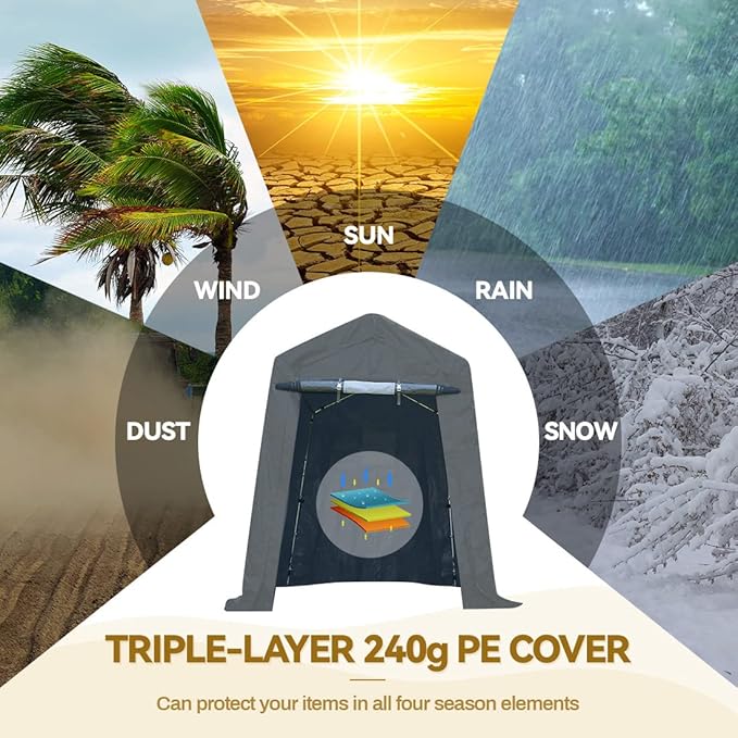 ADVANCE OUTDOOR 6X8 ft Outdoor Portable Storage Shelter Shed with 2 Rolled up Zipper Doors & Vents Carport for Motorcycle Waterproof and UV Resistant Portable Garage Kit Tent, Gray