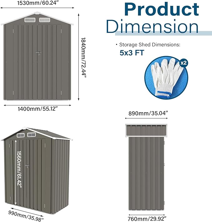 5 x 3 FT Outdoor Storage Shed, Metal Garden Tool Shed with Slooping Roof, Lockable Doors, All-Weather Bike Shed Easy to Assemble for Backyard, Patio, Lawn, Grey