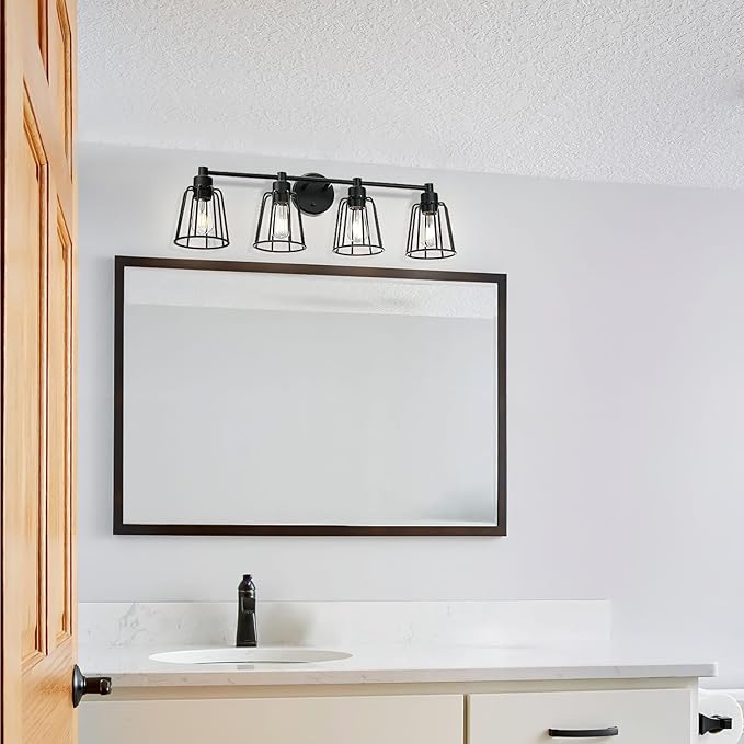 XiNBEi Lighting Farmhouse Vanity Light for Bathroom, 4 Light Industrial Bathroom Lighting Fixtures Over Mirror in Matte Black Finish, Vanity Lights with Cage Shade XB-W1287-4-MB