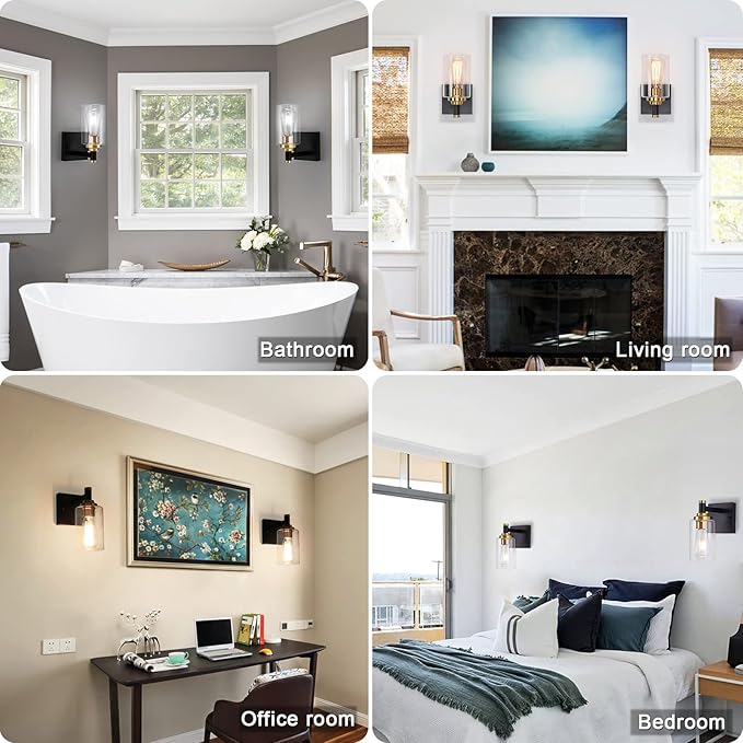 Black and Gold Wall Sconces Set of Two Bathroom Light Fixtures Brass Sconces Wall Lighting Modern Wall Light Fixtures with Glass Shade Rustic Wall Lamps for Bedroom Hallway Kitchen Living Room