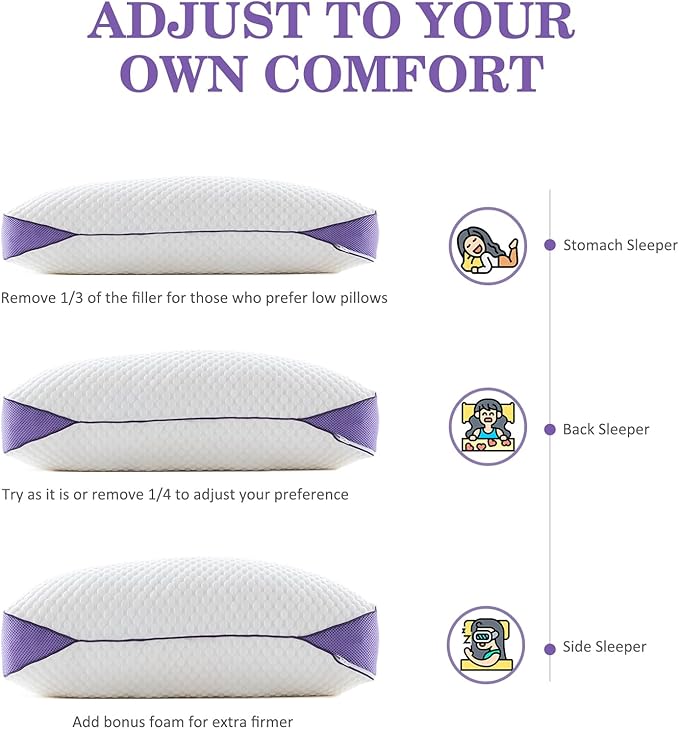 HOMELAB Adjustable Shredded Memory Foam Pillow King Size, Cooling Bed Pillow for Sleeping with Removable Cover, Medium Pillow for Side Stomach & Back Sleepers, 1 Pack 20"x34"