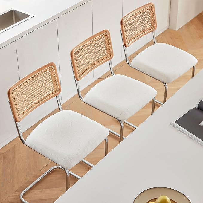 Natural Rattan Counter Height Stools Set of 3 with Solid Wood Back, 29 Inch Mid Century Modern Cesca Bar Stools, White Upholstery Boho Stool for Kitchen Counter with Chrome Metal Legs