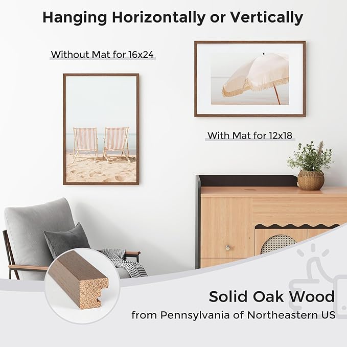 Axeman 16x24 Frame With Mat for 12x18, Solid Oak Wood 16x24 Poster Frame With Tempered Glass, 16 x 24 Picture Frame for Wall, 16 by 24 Wood Frame for Home Decor, Hanging Hardware included, Walnut