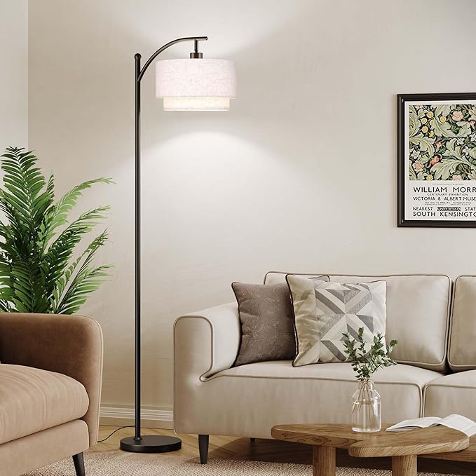 SUNMORY Floor Lamps for Living Room with 12W LED Bulb, Arc Floor Lamp with 3 Color Temperatures, Modern Floor Lamps with Adjustable Double Fabric Shades, Tall Standing Lamp for Bedroom, Corner