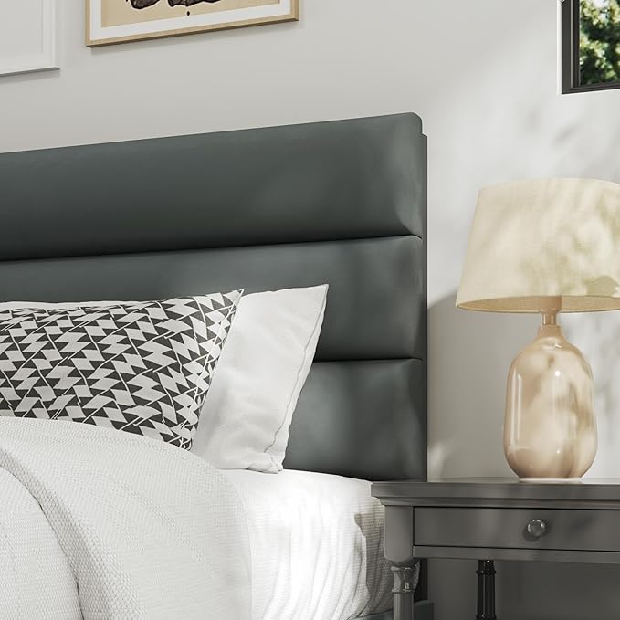 Queen Bed Frame, Platform Bed Frame with Velvet Upholstered Headboard, No Box Spring Needed, Sturdy Metal Support, Noise Free, Easy Assembly, Modern Bedroom Furniture, Grey