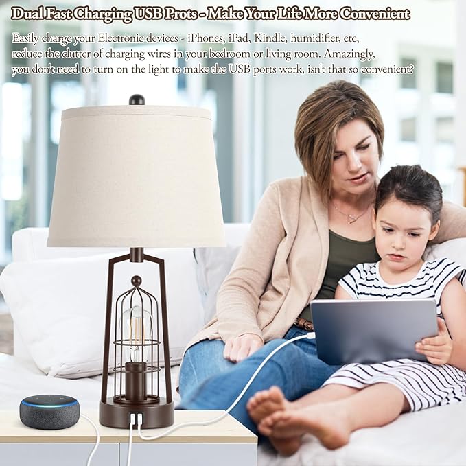 Farmhouse Table Lamps with 2 USB Ports, Set of 2 Rustic Industrial Desk Lamp for Living Room, 2-Light with Beige Lampshade for Bedside, Bedroom, Nightstand, House Decor, Reading(Bronze)