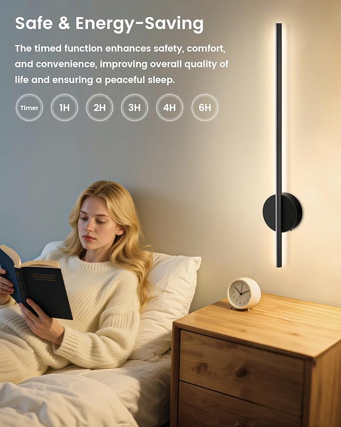 NIORSUN 27.6 Inch Battery Operated Wall Sconce Set of 2, Black Minimalism Rechargeable Wall Lights with Remote, 3CCT Dimmable Wireless Wall Lamp for Living Room Bedroom Hallway