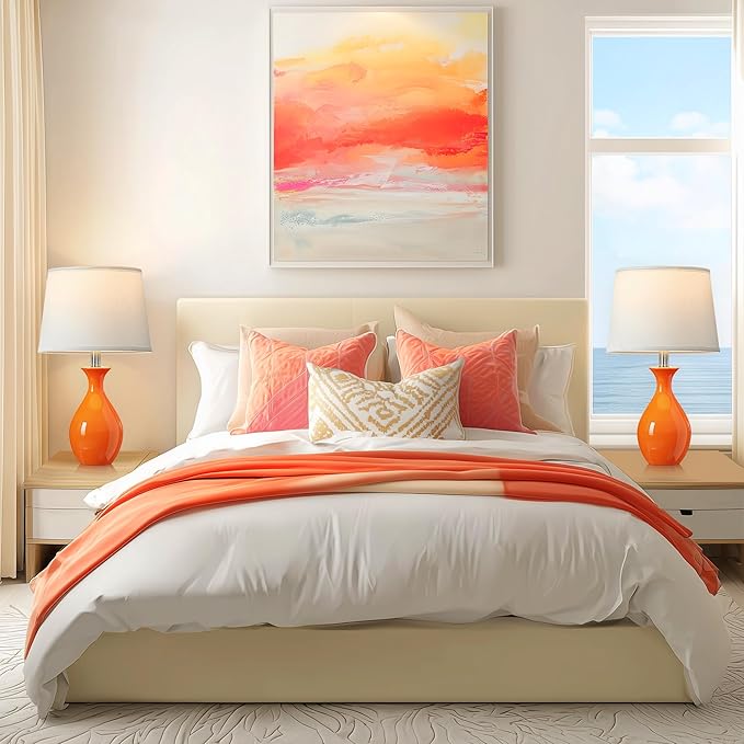 PARTPHONER Table Lamp Set of 2, Modern Ceramic Bedside Lamps for Night Stands, Classic Small Lamp Nightstand Lamp for Bedroom Living Room Desk End Table Rocker Swtich Orange