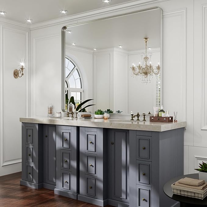 Hasipu Brushed Silver Bathroom Mirror 50x40 Inch Rounded Rectangle Vanity Mirror Metal Framed Wall Mirrors Anti-Rust Surface Mount (Horizontal/Vertical)