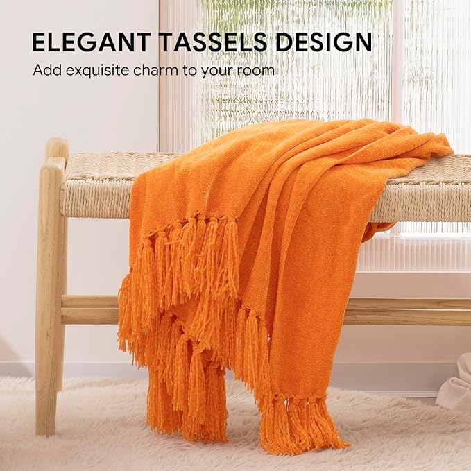 RECYCO Throw Blanket Soft Cozy Chenille Throw Blanket with Fringe Tassel for Couch Sofa Chair Bed Living Room (Orange, 50'' x 60'')