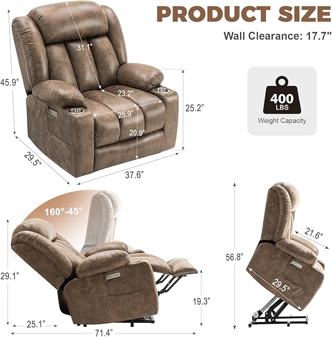 HUSFU Oversized Power Lift Recliner Chairs for Elderly with Massage and Heat, Extra Wide Recliners,Breathable Leather Lift Chairs w/Cup Holders, USB & Type-C Ports, Brown,2PCS