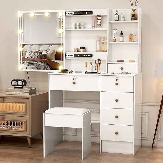 Vanity Desk with Makeup Mirror and Light, Makeup Dressing Table with 5 Drawers and Cushioned Stool for Bedroom, White Dressing Desk for Bedroom