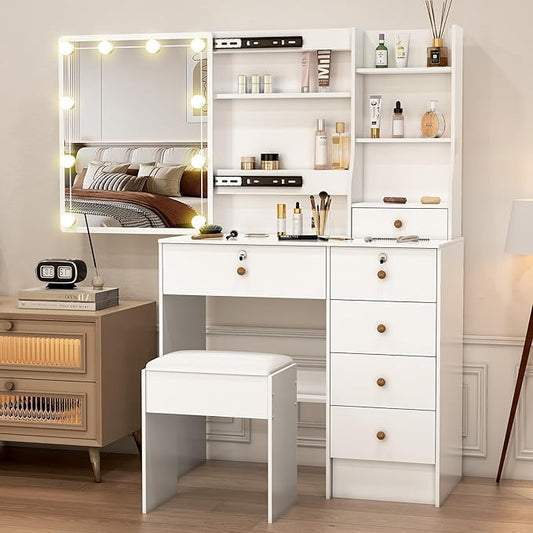 Vanity Desk with Makeup Mirror and Light, Makeup Dressing Table with 5 Drawers and Cushioned Stool for Bedroom, White Dressing Desk for Bedroom