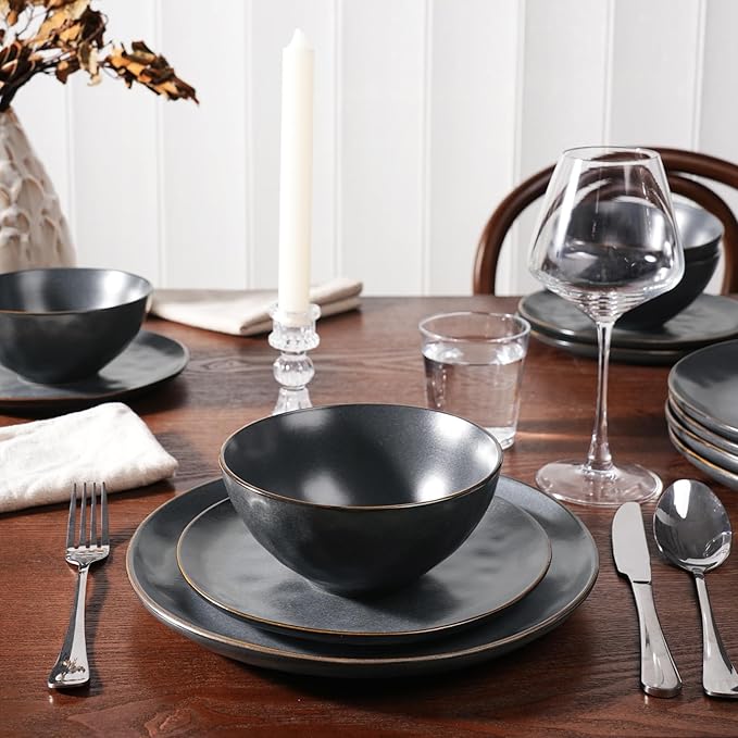 Famiware Dinnerware Sets for 8, Ocean Round 24-Piece Kitchen Plates and Bowls Sets, Microwave and Dishwasher Safe, Scratch Resistant, Matte Black