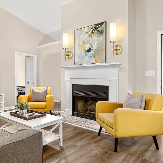 Gold Wall Sconces, Modern Bathroom Vanity Light Fixtures, Sconces Wall Decor Set of 2, Wall Lamps with Frosted Glass, Indoor Wall Lights for Bedroom Living Room Hallway