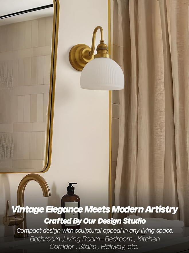 Gold Wall Sconces,Hardwire Bathroom Vanity Light with Striped Bowl Milk Glass Vintage Brass Wall Mounted lamp Lights for Bathroom Mirror Living Room Bedroom Kitchen E26 Indoor