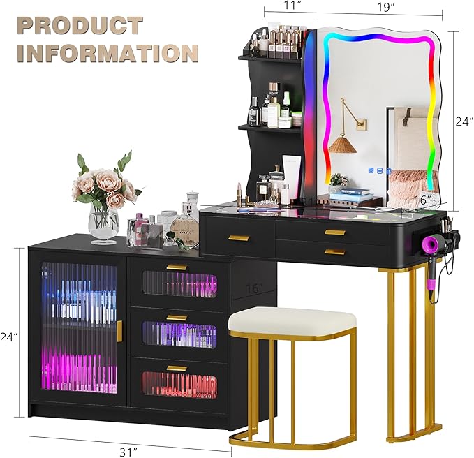 RGB Makeup Vanity Desk with Wireless Charging Station,7 Dynamic and 7 Static Dimmable Vanity Table with Glass Desktop,Vanity Mirror with Lights Desk and Chair,8 Drawers,Stool