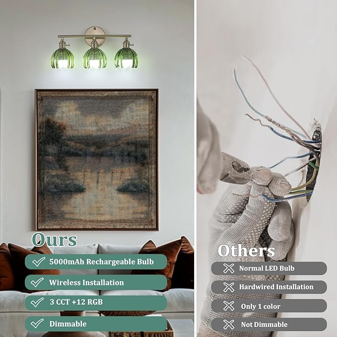 Battery Operated Bathroom Light Fixtures, 3-Light Brass Vanity Wall Light with 5000mAh Rechargeable Bulb Over Mirror with Green Tulip Glass Shade for Bedroom Living Room