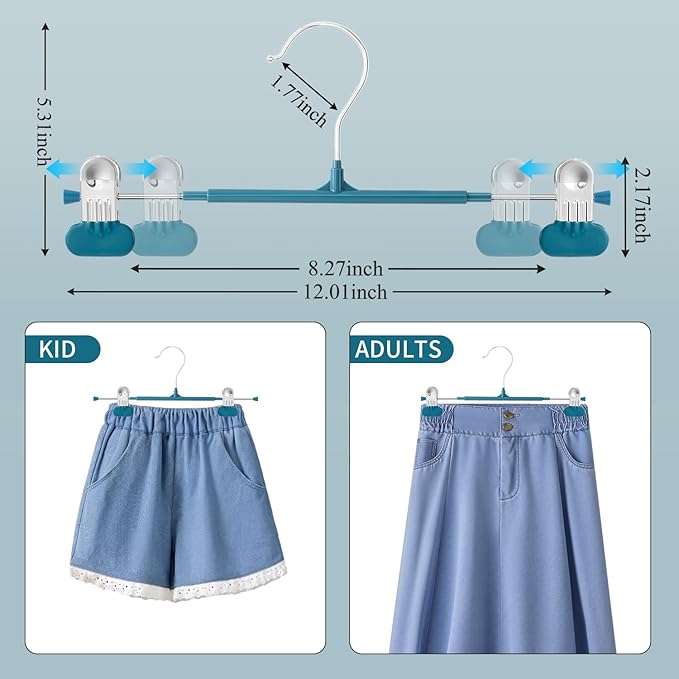Clothes Pants Hangers with Wide Clips 10 Pack,Non-Slip Adjustable Skirt Hanger for Women,Space-Saving Heavy Duty Men Hangers for Pants,Trousers,Jeans,Shorts 12Inch Blue