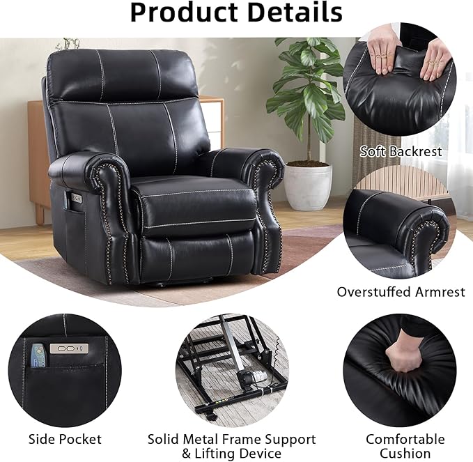 Phoenix Home Genuine Leather Power Lift Recliner Chair for Elderly with Massage and Heating, Electric Recliner for Seniors with Extended Footrest, Type-C and USB Port, Side Pocket, Black