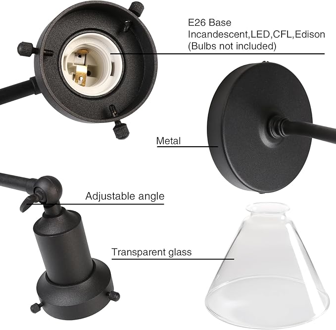 PERMO Industrial Vintage Slope Pole Wall Mount Single Sconce with Funnel Flared Clear Glass Shade Wall Sconce Light Lamp Fixture (Black)