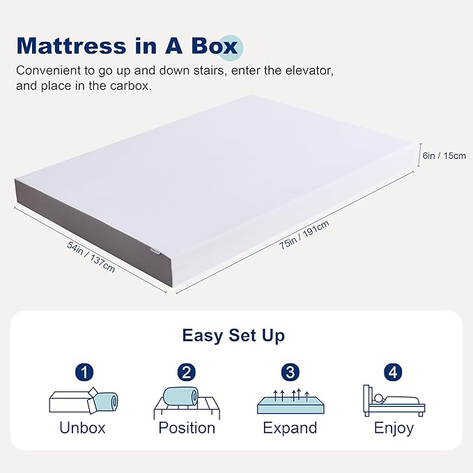 Amazon Basics Memory Foam Mattress, Soft Plush Feel, 6 Inch, Full, White/Grey