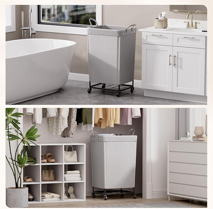 Lifewit 165L Laundry Basket with Wheels, Large Heavy Duty Commercial Rolling Laundry Hamper with Handles, Tall Steel Frame Laundry Cart for Laundry Room Bedroom Hotel Home Dorm, Sliver Gray