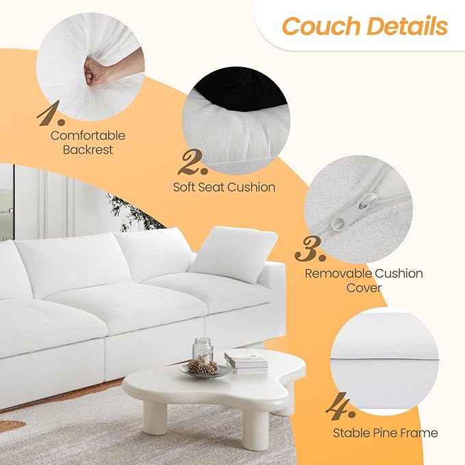 JACH 4-Seater Modular Sectional Couches, Modern Convertible Sofas, Cloud Couch, Cushion Covers Removable, Comfy Sectional Sofa for Living Room Bedroom Apartment (White)
