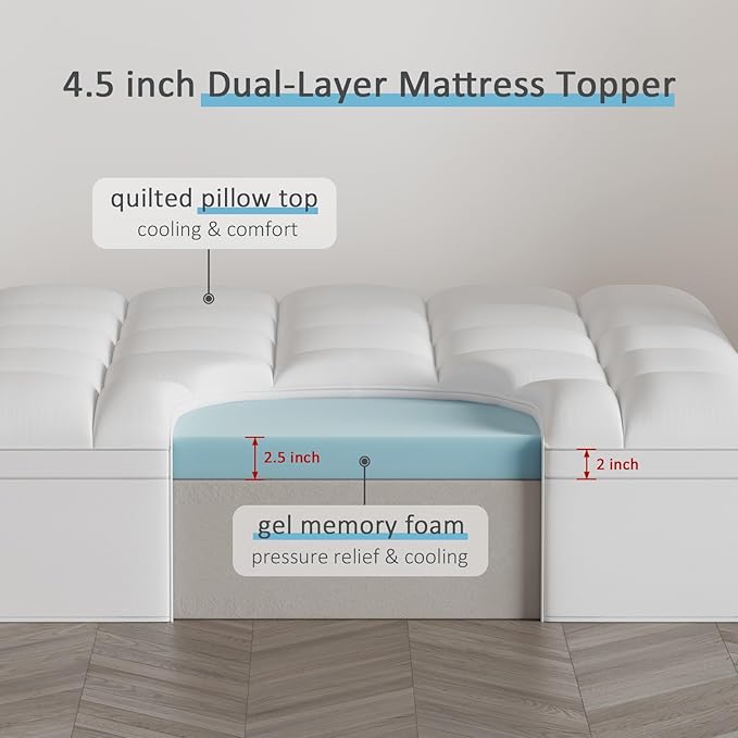 Dual Layer 4.5 Inch Twin Memory Foam Mattress Topper, 2.5 Inch Cooling Memory Foam, 2 Inch Thick Pillow Top Mattress Pad Cover for Hard Bed, Soft Fluffy & Pressure Relief & Medium Support