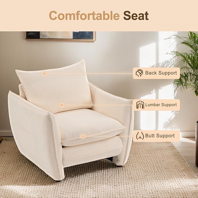 Oversized Accent Chair, Modern Single Sofa Cloud Chairs with Removable Pillow, Deep Seat Comfy Armchair for Living Room Bedroom Reading Nook - Upholstered Lounge Chair (Beige)