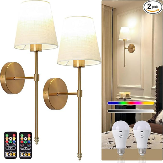 Battery Operated Wall Sconce Set of 2, Gold Rechargeable Wall Lights with Remote Control, Dimmable Wall Sconce Lighting with Fabric Shade, Wireless Wall Lamps for Living Room Hallway