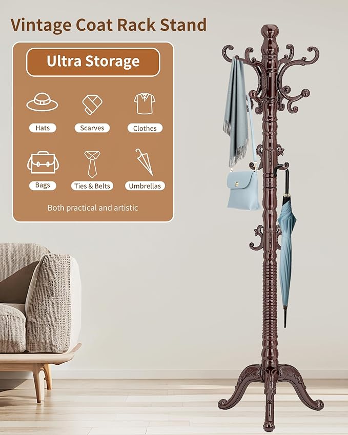 EZIVIEZ Wooden Coat Rack Stand, Solid Wood Freestanding Coat Rack, Vintage Coat Racks with 14 Hooks & Triangle Base, Standing Coat Hanger Jacket Tree Stand for Office, Entryway, Hallway