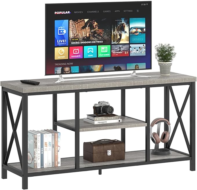 FOLUBAN Modern TV Stand for TVs up to 55 Inch, Rustic Wood Entertainment Center with Storage Shelves, Industrial Media TV Console and TV Table for Living Room Bedroom, 47 Inch Light Grey