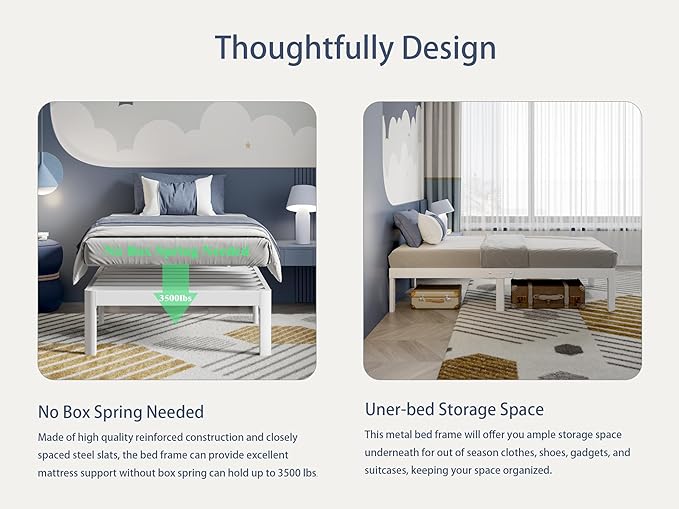 White Twin Size Bed Frames 16 Inch, Metal Platform Twin Bed Frame No Box Spring Needed, Heavy Duty Steel Support 3500 LBS, DIY Headboard, Round Legs, Noiseless, Storage Space, Easy Assembly