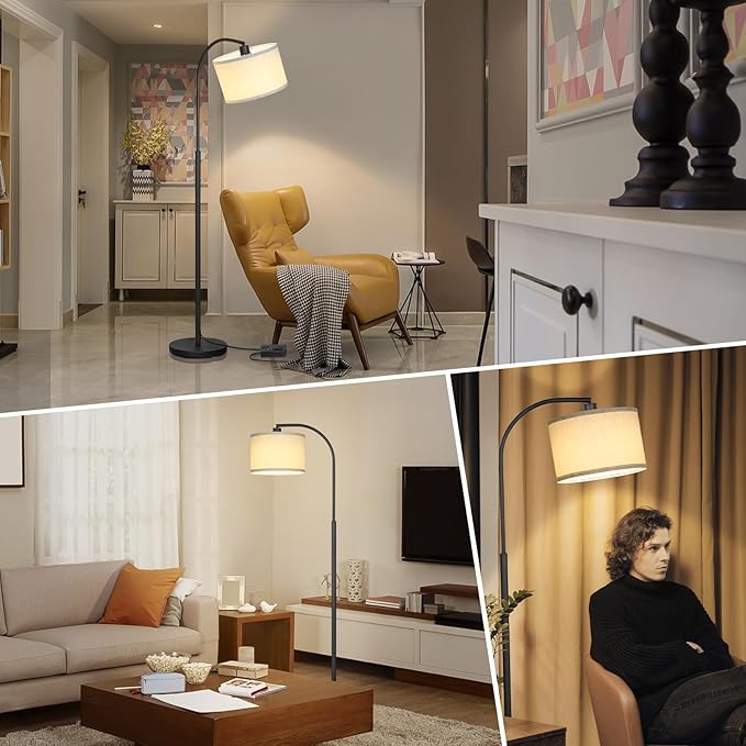 Boncoo Modern Floor Lamp for Living Room, Arc Floor Lamp with Adjustable Hanging Shade, Black Light with Pedal Switch for Bedroom Study Room, 9W 3000K LED Bulb Included